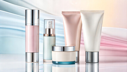 various cosmetic containers, including creams, lotions, and serums. Blank cosmetic packaging mock up: jar, dropper, bottle with press pump, small and high bottles.