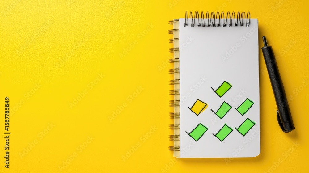 Poster summary checklist with checkboxes ticked and highlighter next to notebook
