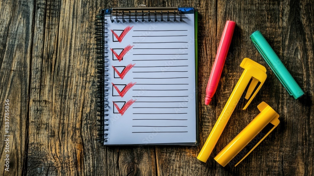 Poster summary checklist with checkboxes ticked and highlighter next to notebook