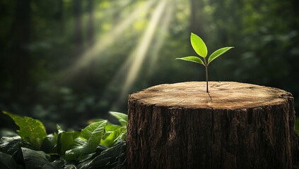 New life emerges from the old. A tiny sprout finds its place atop a weathered tree stump, bathed in sunlight filtering through the forest.
