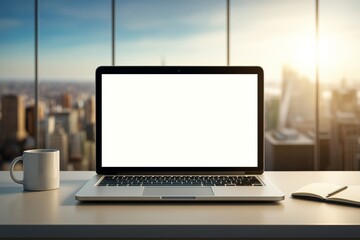 Blank laptop screen mockup on office desk with city view through glass windows at sunrise in clean minimalistic business workspace setup.