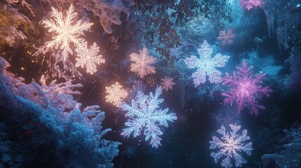 Fototapeta premium A dreamy scene of translucent layered snowflakes glowing with soft pastel colors