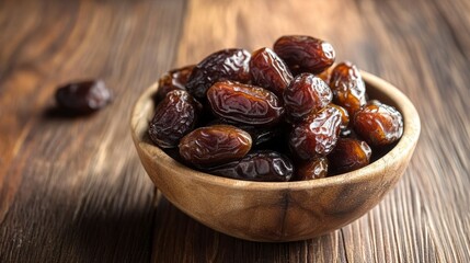 Obraz premium Close-up of a wooden bowl filled with dried dates on a wooden table.