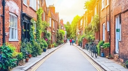 Obraz premium Walkway through brick buildings lined with greenery, bright sunlight background, small town, England