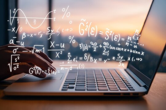 Hand typing on laptop with floating math formulas, symbolizing online learning and digital education in mathematics during sunset light background.