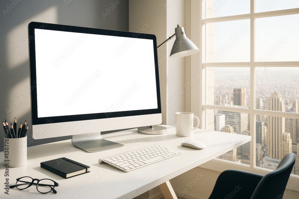 Poster Modern clean desktop workspace with computer mockup and city view through window in bright office corner setup, perfect for design presentations.