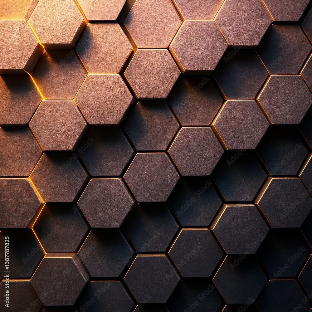 Poster Dark hexagonal textured wall background with warm light accents for abstract design or modern template mockup concept. Ai generative.