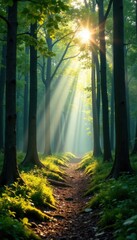 Panorama of serene forest with sunlight filtering through trees, trees, forest