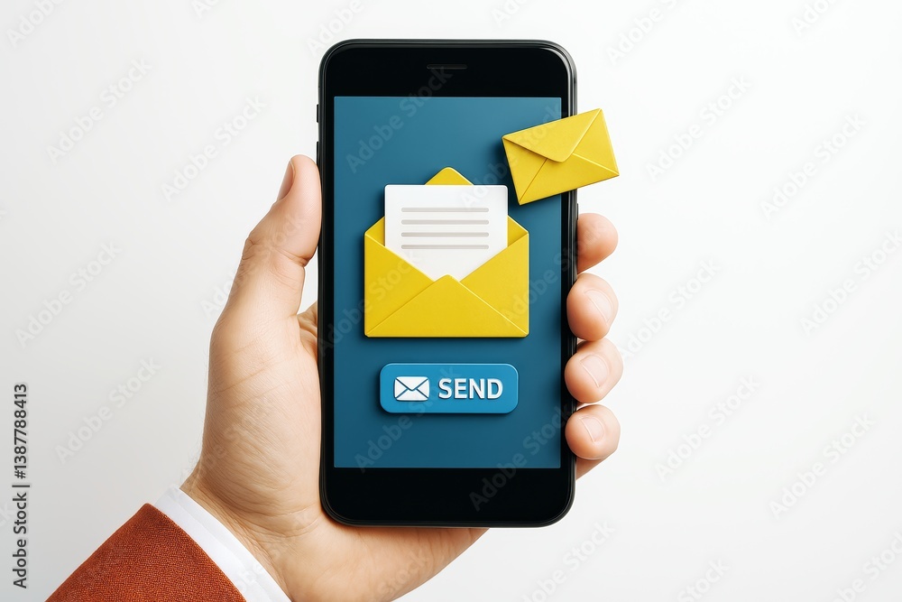 Aufkleber Smartphone displaying digital email envelope with send button in hand, symbolizing online communication and modern messaging concept.