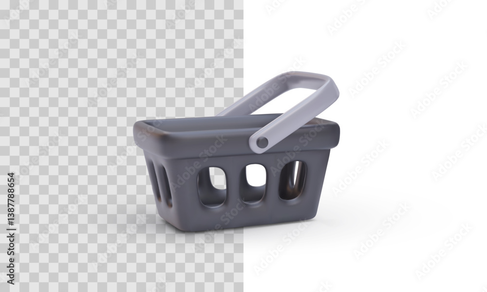 Poster shopping basket icon in 3d style with smooth plastic texture and realistic shadows, ideal for e-comm