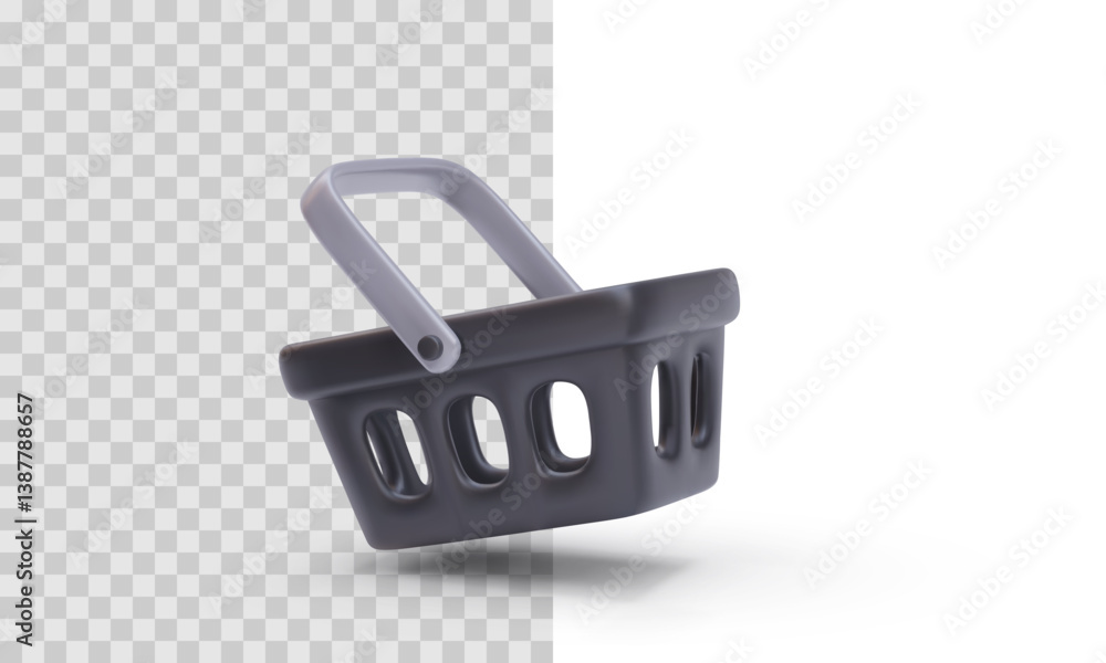 Poster shopping basket icon in 3d style with smooth plastic texture and realistic shadows, ideal for e-comm