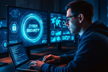 Cybersecurity specialist working on laptop in dark room with glowing digital interface and data analysis screens in futuristic concept background.