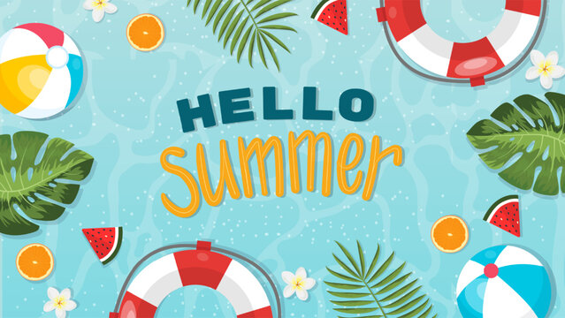 Hello summer background with tropical leaves, Lifebuoy, orange slices, watermelon and flower on a Sea backdrop. Vector illustrations.