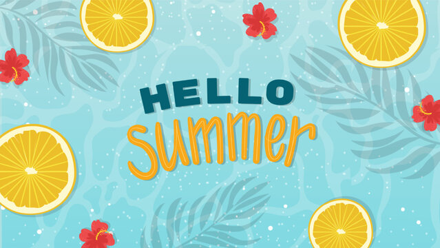 Hello summer background with tropical leaves, orange slices, and Hibiscus on a Sea backdrop. Vector illustrations.