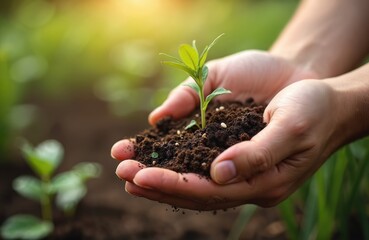 Hands gently cradle young plant, fertile soil. Concept of new life, growth, planting, gardening, farming. Earth day, eco friendly concept. Sunshine, green background, agriculture theme.