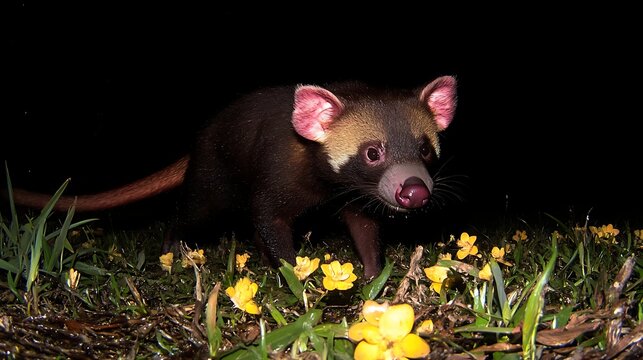 Nighttime rainforest with olingo among flowers.
