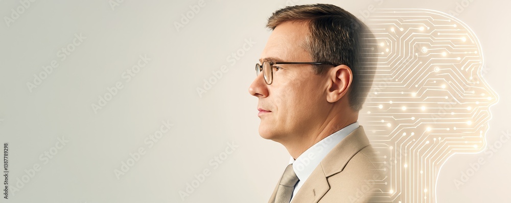 Aufkleber Businessman with artificial intelligence circuit brain symbol on light background representing digital mind and future technology concept.