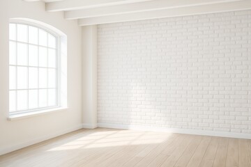 Obraz premium Bright empty interior room with white brick wall and wooden floor under sunlight, ideal for mockup or presentation background design template.