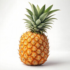 Fototapeta premium A single, ripe pineapple, showcasing its golden-yellow skin and vibrant green crown, against a plain white background.