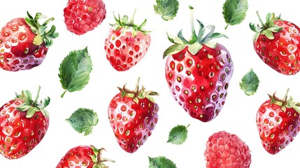 Fresh Ripe Strawberries with Green Leaves Isolated on a White Background, Highlighting Their Juicy Red Color and Natural Organic Appeal