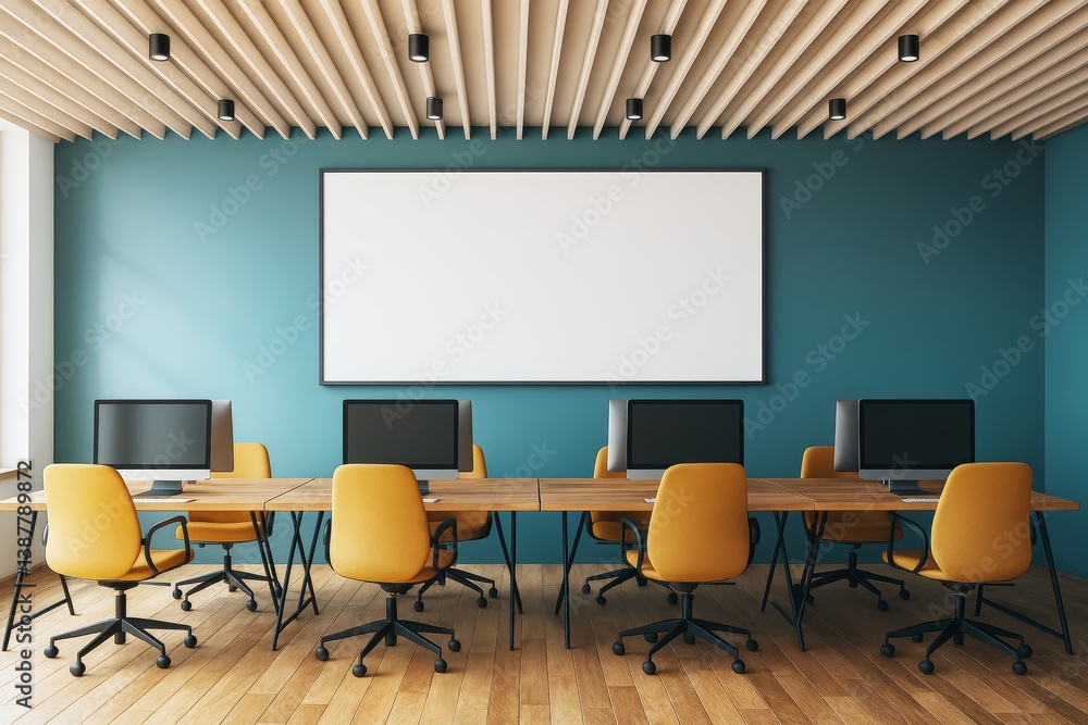 Poster modern conference room mockup with blank screen and computer workstations in bright office setting w