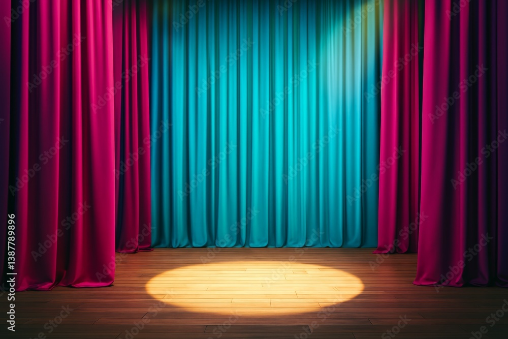 Aufkleber empty theater stage with spotlight and blue curtains highlighted by magenta side drapes in dramatic 