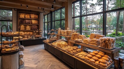 A charming bakery scene, with freshly baked pastries, cookies, and cakes displayed in a cozy, warm environment, evoking the feeling of comfort and indulgence. 