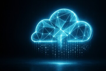 Glowing digital cloud symbol with binary code representing cloud computing and data exchange on a dark background, futuristic tech concept.