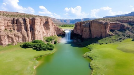 Fototapeta premium Stunning waterfall cascading into a tranquil lake, nestled within a vibrant canyon. Lush green meadows surround the serene landscape