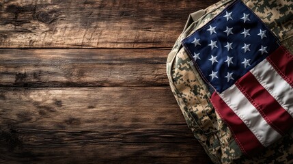 Patriotic military uniform draped with American flag on rustic wood