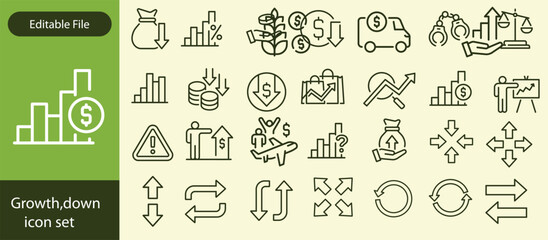 Increase and Decrease Line Icons. Editable Stroke, Contains such icons as Arrow, Chart, Diagram, Finance, Direction, Graph, Growth, Interest Rate, Investment, Performance, Stock Market, Data vectors.