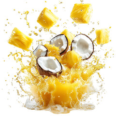 Pineapple Chunks and Coconut Flying in Tropical Juice Splash Isolated on Transparent Background
