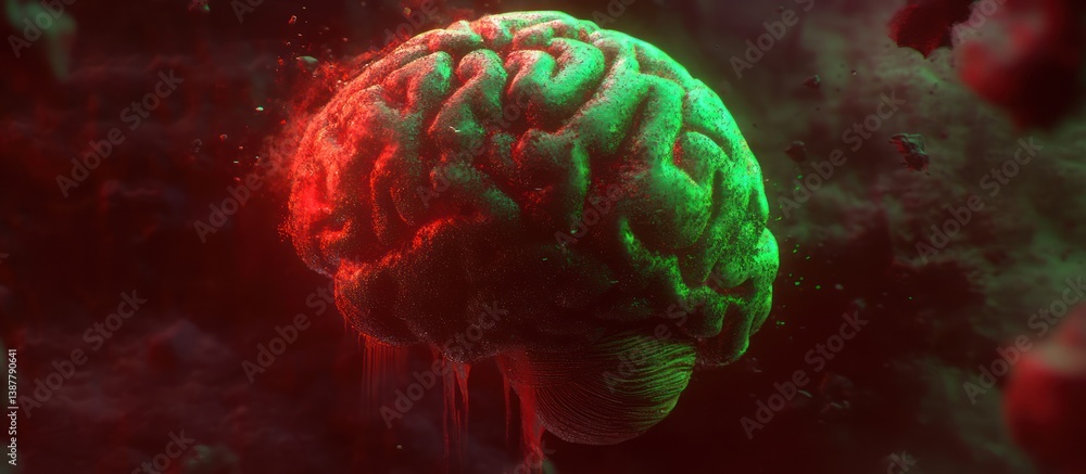 Poster abstract glowing brain rendering with vibrant colors in a surreal environment