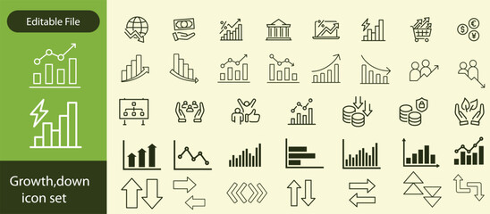 Increase and Decrease Line Icons. Editable Stroke, Contains such icons as Arrow, Chart, Diagram, Finance, Direction, Graph, Growth, Interest Rate, Investment, Performance, Stock Market, Data vectors.