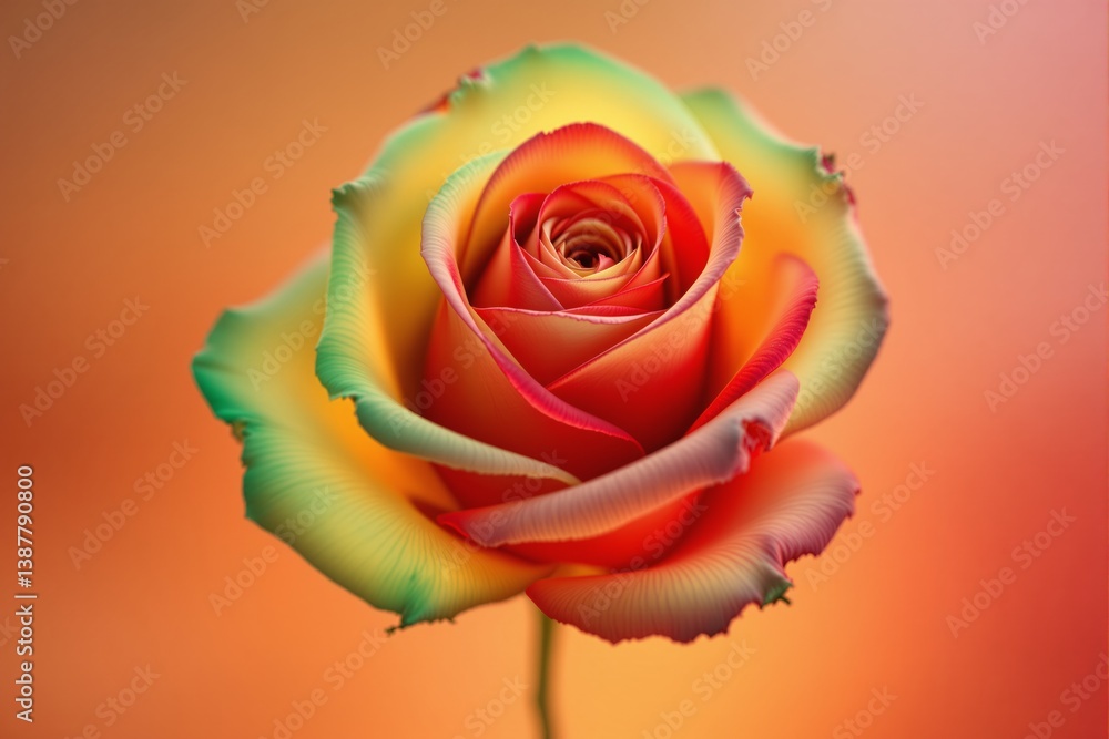 Poster vibrant multicolored rose in soft focus with glowing abstract light background on orange gradient ba