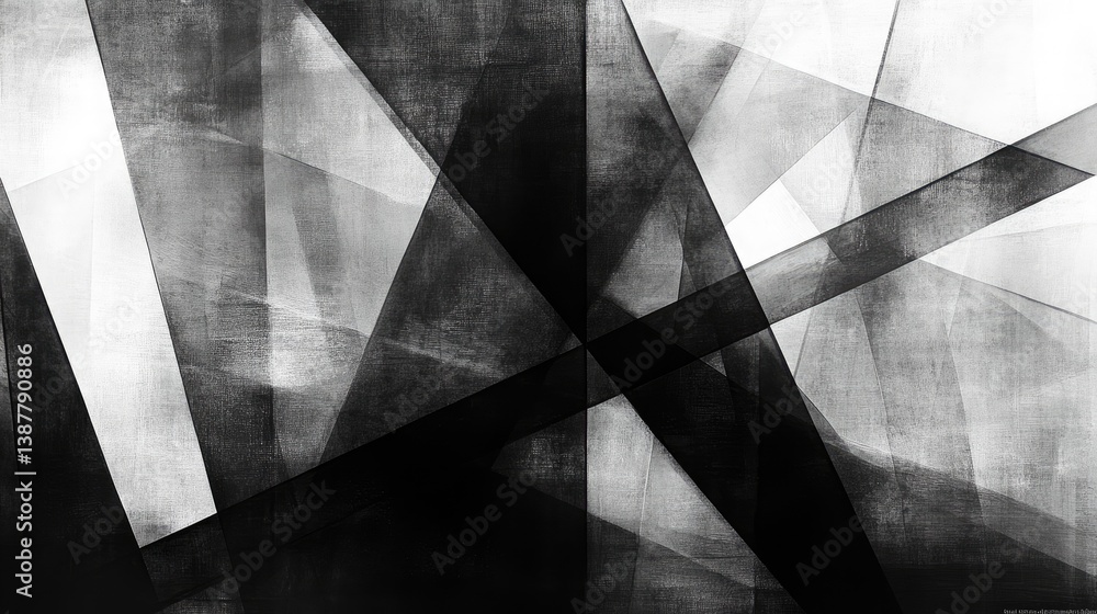 Poster abstract intersecting geometric shapes create depth in black and white tones, textured background