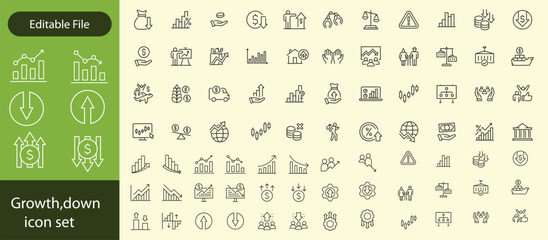 Increase and Decrease Line Icons. Editable Stroke, Contains such icons as Arrow, Chart, Diagram, Finance, Direction, Graph, Growth, Interest Rate, Investment, Performance, Stock Market, Data vectors.