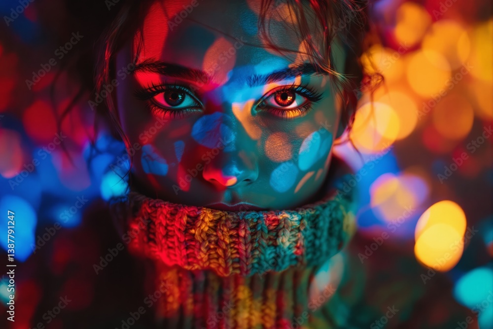 Poster portrait of woman with glowing light patterns on face and colorful knitted sweater in dreamy bokeh b