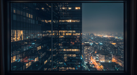 Night Cityscape View Through a Window Showcasing Illuminated Buildings and Urban Lights