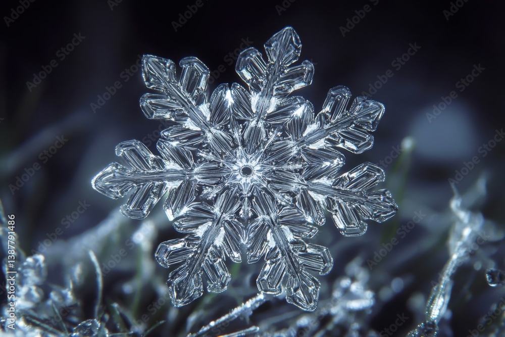 Poster delicate snowflake resting on a leaf in a winter environment