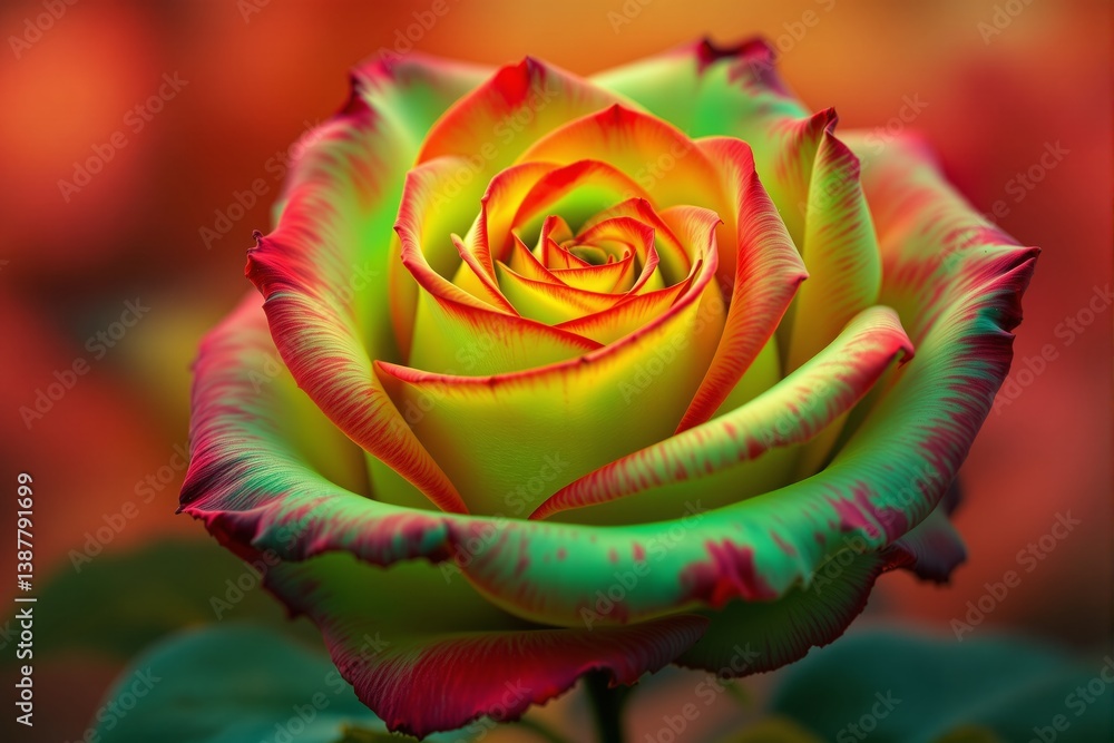 Poster vivid multicolored rose with bright green, yellow, and red petals in soft focus against a warm gradi