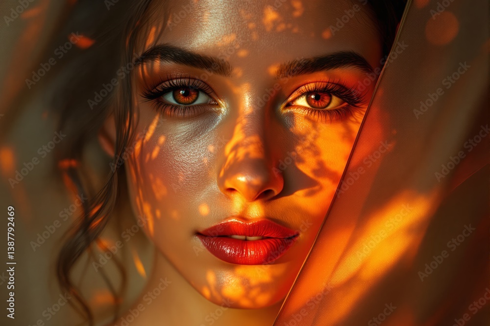 Poster Close-up portrait of woman with warm sunlight patterns on face and glowing eyes in artistic style on soft background. Ai generative.
