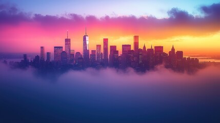 Fototapeta premium A futuristic city skyline, illuminated by neon lights, towering skyscrapers reflecting a digital glow, blending advanced technology with sleek, modern design. This vibrant scene captures the 