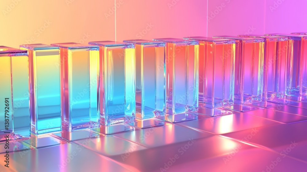 Poster row of colorful glass blocks reflecting vibrant light on a shiny surface.