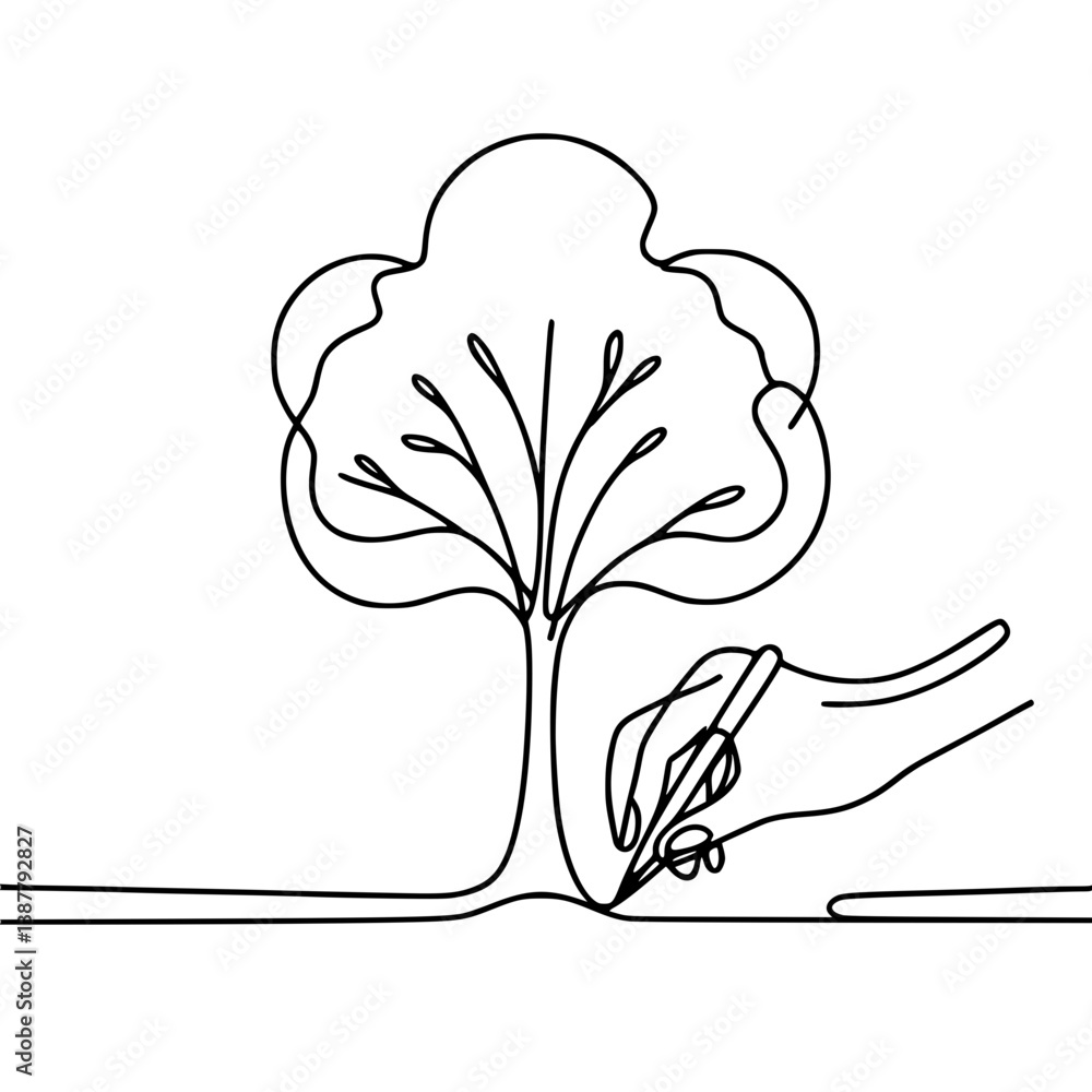 Poster hand drawing a tree in one line art style on a transparent background