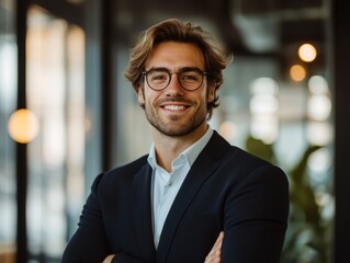 Confident business professionals in modern office environments, ideal for corporate presentations, HR materials, or editable LinkedIn templates and branding projects