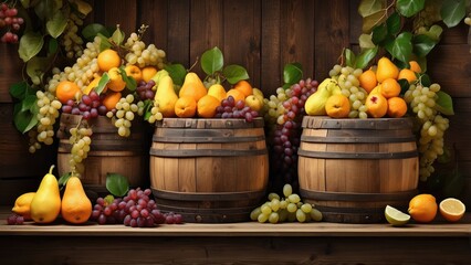 Display of assorted fruits including lemons, oranges, apples, grapes, and pears, arranged on and around wooden barrels.