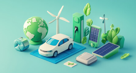 Eco friendly car model surrounded by renewable energy elements like wind turbines, solar panels, and globe, symbolizing sustainable transportation and green technology