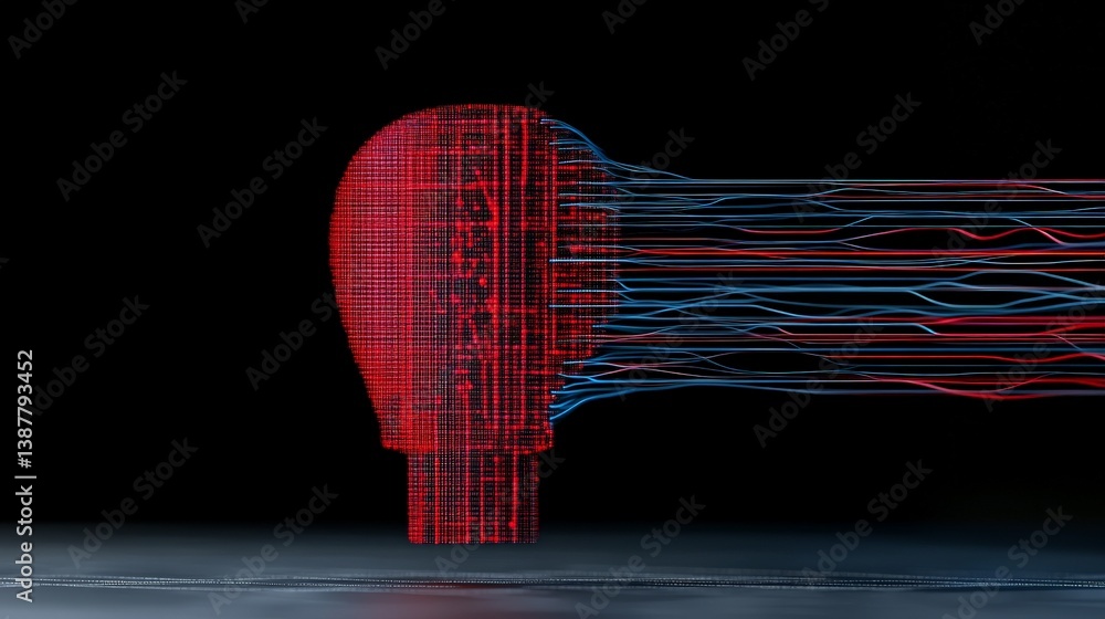 Poster red mesh head with flowing lines in dark background