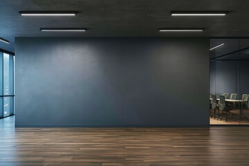 Modern black wall mockup in office with wooden floor and meeting room visible through glass wall on right side under ceiling lights at night.